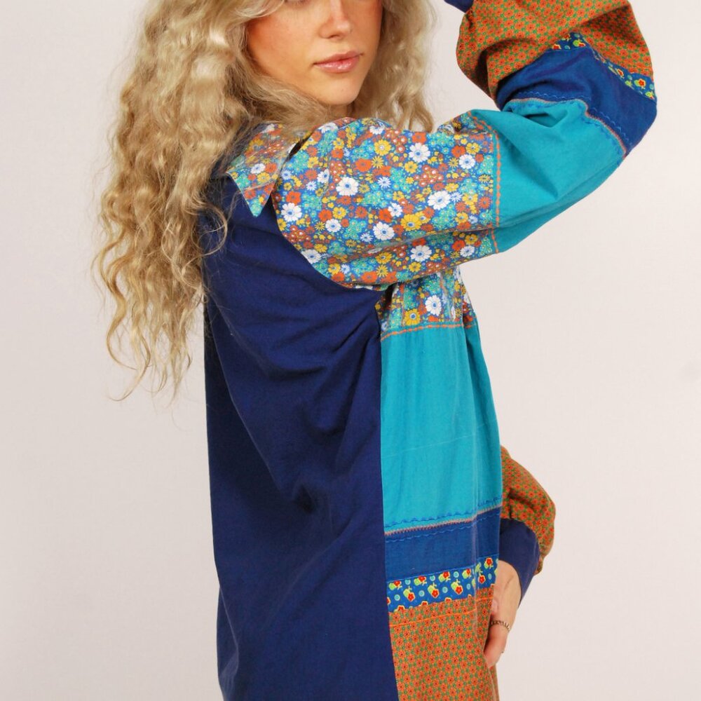 70s Patchwork Button Up (M) Medium Blue Orange Vi… - image 6